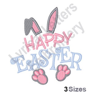 Pode incluir: Design de bordado Happy Easter com orelhas de coelho, pegadas e o texto "Happy Easter" em rosa e azul.