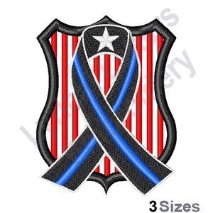 May include: A black and blue ribbon with a thin blue line, tied in a bow, is centered on a red, white, and blue shield with a white star. The shield is outlined in black.