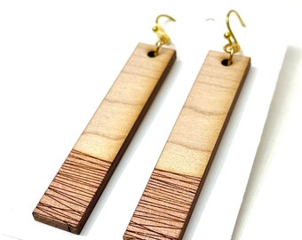 Maple wood bar earrings with rose gold color block accent, 3" drop