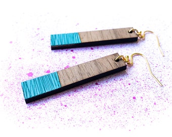 Walnut wood bar earrings with teal color block accent, 2 3/8" drop