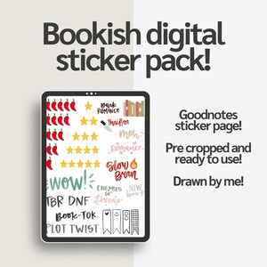 May include: A digital sticker pack for book lovers, with a tablet showing stickers. Stickers include chilli peppers, stars, and words such as "Romance," "Thriller," and "Plot Twist." The text reads "Bookish digital sticker pack!" and "Goodnotes sticker page!"