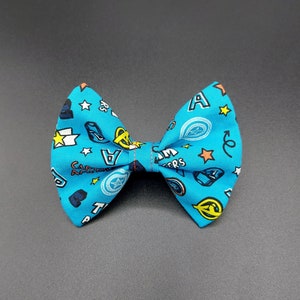Superhero Nerdy Pop Culture Inspired Dog Bow Tie, Over Collar Dog or Cat Accessories, Geeky Pet Dress Up, Comic Book Doodle Captain dog cat