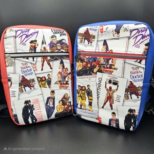 May include: Two crossbody bags with white fabric and colorful movie and comic book character images. The bag on the left is red and the bag on the right is blue. The bags have a zippered pocket and a strap.