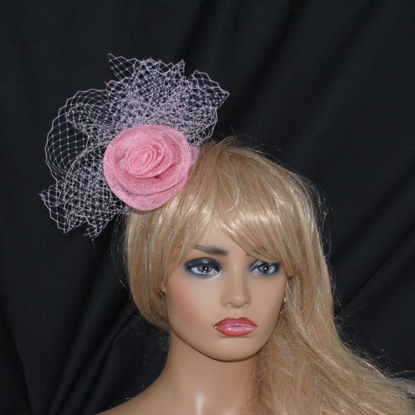 Stylish Women's Pink Rose - Français Netting Fascinator/Headpiece for Weddings, Mother-of-the-Bride, Cocktail Hats, Derby. "Karen Patria"
