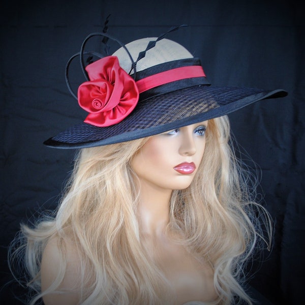 Beautiful Red, black and cream, Derby-style/ Special Occasion/ Mother of the Bride/ Wide-brim /Ladies Straw hat. "Rachelle Lauren"