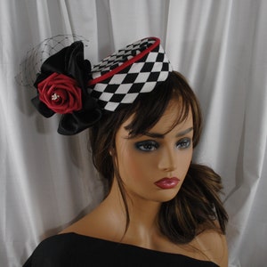 Chic, 6&quot; Harlequin-Pattern Pillbox adorned with Silk flowers and French Netting. &quot;Kamila Jean&quot; from Darla Rose Designer Hats Collections