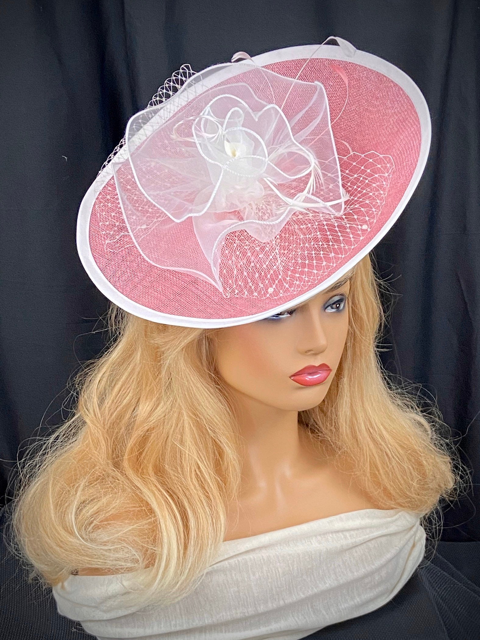 DarlaRoseDesignHats Classy Pink \u0026 White Woman's Fascinator/Hatinator/Percher Hat Ideal for Kentucky Derby and Oaks