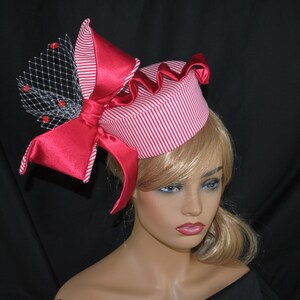 Stylish, Red & White striped Pillbox Hat with Satin Bow and French Netting: &quot;Kimberly Jerene&quot;