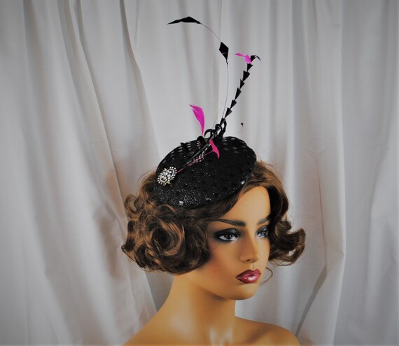Elegant Black Feathered Hat Gothic Black Feathered Top Hat with Embroidered Accents main image 4