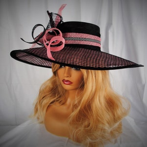 Unique, Pink & Black, Kentucky Derby-style, Extra-wide brim Woman’s Hat: “Enid Elizabeth&quot;