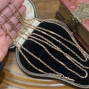 Stunning unusual antique victorian 375 9ct pale rose gold muff chain /longuard /guard chain & dog clip necklace