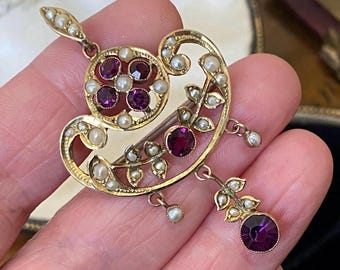 Fabulous Antique Victorian /Edwardian art nouveau 9ct gold seed Pearl & paste brooch /pin combined lavalier necklace pendant
