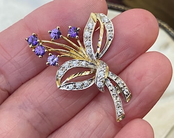 Stunning unusual vintage 585 14ct gold amethyst & goshenite flower spray necklace pendant