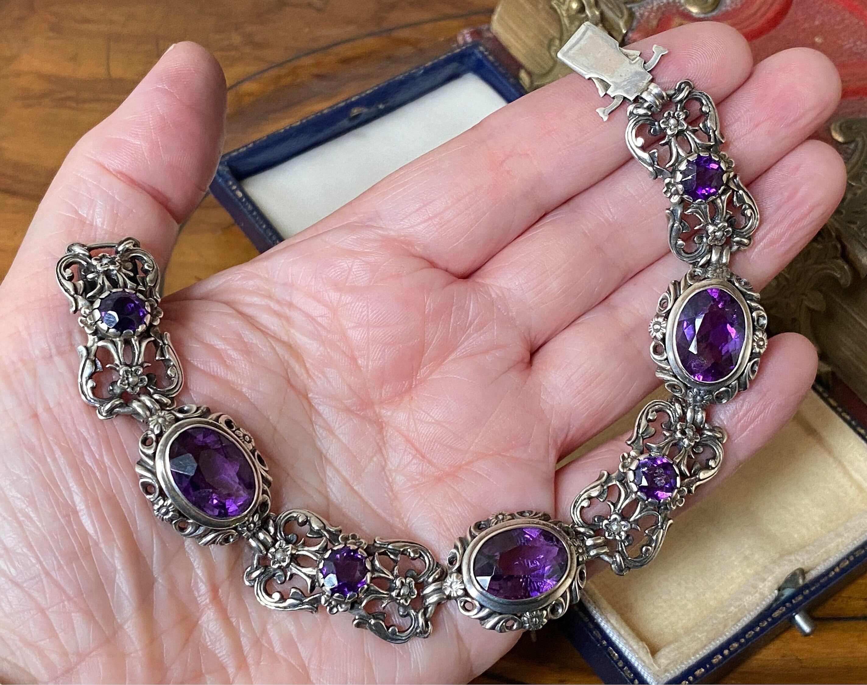 Stunning Antique Arts & Crafts 800 Silver Multi Amethyst