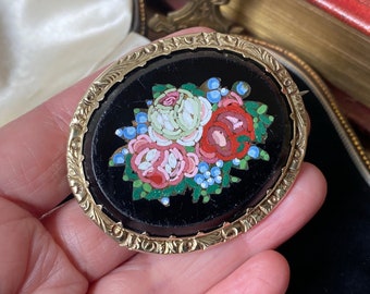 Unusual Large Antique Victorian gilt metal micro mosaic flower bouquet picture brooch/pin