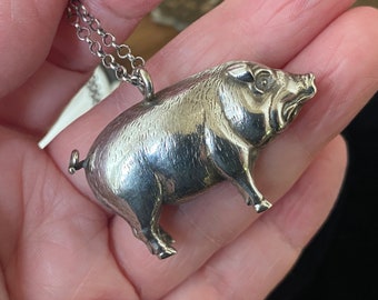 Fabulous unusual antique Victorian /edwardian epns lucky pig /boar rattle pendant necklace