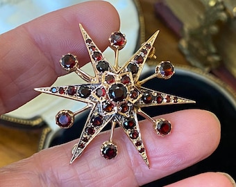 Fantastic Vintage Antique revival heavy solid 9ct gold & garnet studded starburst star necklace pendant combined brooch /pin