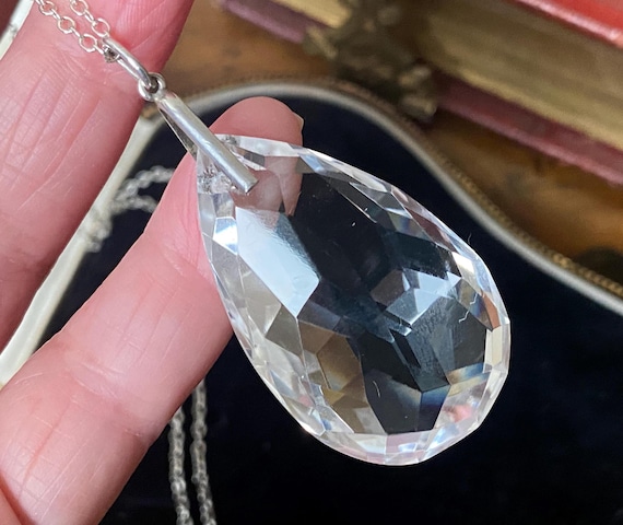 Round Teardrop Stone Drop Head Silver Chain Vintage Sterling Silver Clear Stone Teardrop Pendant Rolo  main image 2