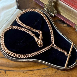 Stunning antique Victorian/Edwardian hallmarked 375 9ct pale rose gold double dog clip Albert watch chain necklace with T bar fob pendant