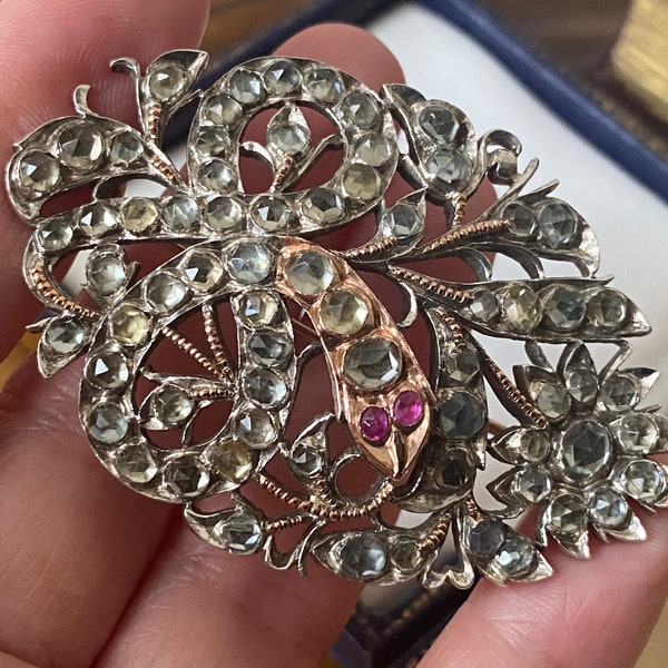 Fabulous rare Antique victorian sterling silver with gold detail jargoon & ruby eyed snake brooch /pin