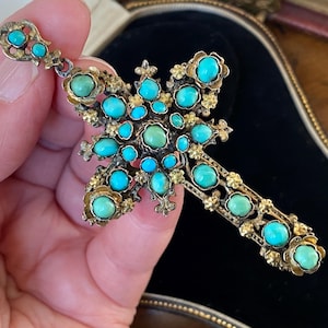Fantastic large antique Victorian Austro Hungarian silver gilt & turquoise cross necklace pendant
