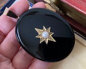 Amazing Rare large Victorian gothic onyx 9ct gold pearl starburst photograph locket back necklace pendant