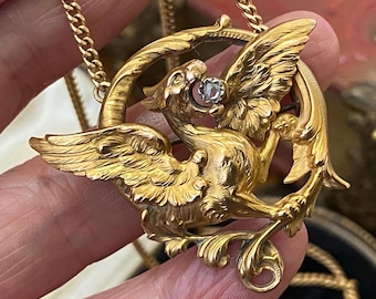 Fabulous unusual antique Victorian French gold fix  & diamond gothic griffin mythical animal statement pendant necklace