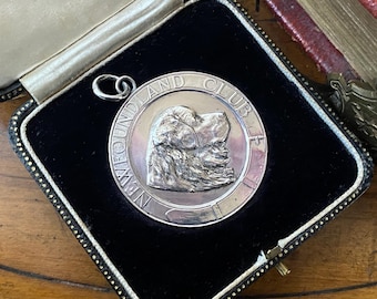 Fabulous unusual antique elkington English hallmarked sterling silver Newfoundland dog fob medal large statement pendant in original box