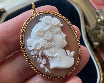 May include: An oval shell cameo pendant featuring a white carved profile of a person adorned with grape clusters and leaves, set against a light brown background. The piece is framed in a twisted gold metal border with a small top bail loop.