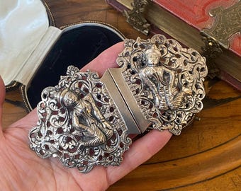 Stunning unusual large antique Victorian sterling silver embossed Asian diety statement belt buckle