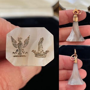 Stunning unusual antique Victorian 375 9ct gold carved agate heralic eagle & animal paw in crown crest wax seal fob pendant
