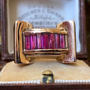 Stunning unusual antique art deco French hallmarked 750 18ct pale rose gold ruby French tank design statement ring