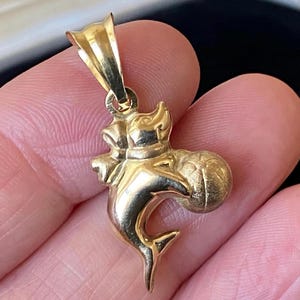 May include: A gold-colored pendant charm featuring a dolphin holding a basketball. The pendant has a loop at the top for attaching to a chain.