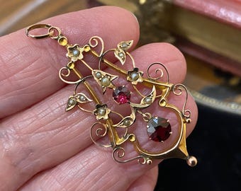 Prachtige antieke Edwardiaanse art nouveau 375 9kt bleek roségouden, granaat en zaadparel lavalier kettinghanger