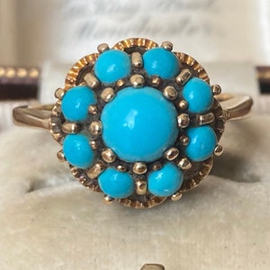 Fabulous vintage Victorian style fully English london Hallmarked 375 /9ct gold & multi turquoise cabochon flower ladies statement ring
