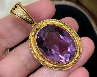 Stunning unusual antique Victorian 18ct enamel & 9ct gold amethyst gemstone necklace pendant