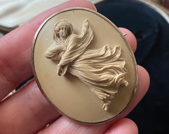 Stunning unusual Antique Victorian ‘grand tour’ Goddess carved lava cameo brooch /pin -dancer of Ercolano