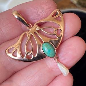Beautiful antique art nouveau hallmarked 375 9ct rose gold turquoise & pearl necklace pendant