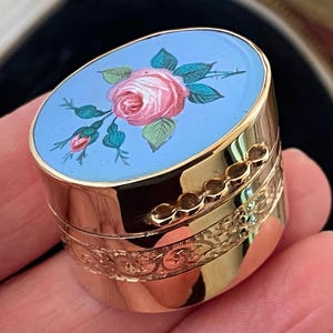 Stunning unusual vintage English hallmarked 375 9ct gold & enamel rose pill pot