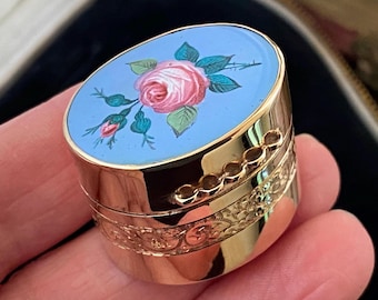Stunning unusual vintage English hallmarked 375 9ct gold & enamel rose pill pot