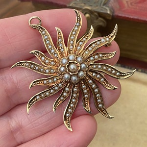 Stunning large Antique solid heavy 14ct gold seed pearl sunburst / starburst star necklace pendant combined brooch /pin
