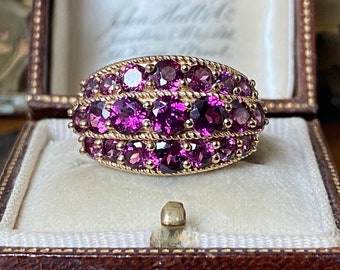 Vintage English hallmarked 375 9ct Gold multi rhodolite garnet gemstone statement ring