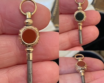 Fantastic unusual antique Victorian 9ct gold cased twin sided carnelian & bloodstone agate watch key fob charm /pendant
