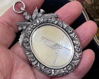 Fantasic unusual antique Edwardian 1906 English hallmarked thistle & rose embossed engraved bird large fob medal /statement necklace pendant