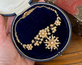 Stunning antique Victorian/Edwardian heavy 625 15ct gold pearl flower necklace removable sunburst pendant combined brooch /pin in period box