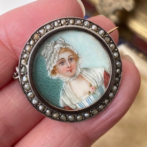 Beautiful Antique Georgian /Victorian gold on Sterling silver seed pearl portrait miniature painting brooch /pin
