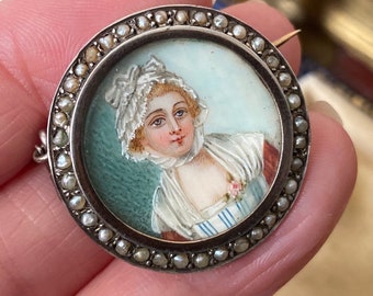 Beautiful Antique Georgian /Victorian gold on Sterling silver seed pearl portrait miniature painting brooch /pin