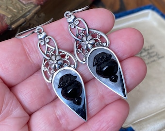 Fabulous unusual antique victorian Sterling silver & carved Whitby jet gothic urn design pendant drop earrings