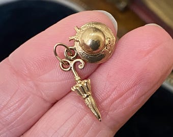 Fantastische ongebruikelijke vintage gemarkeerde massief 375 9kt gouden 'Mary Poppins'-paraplu en motorkap /hoedbedel /kleine hanger