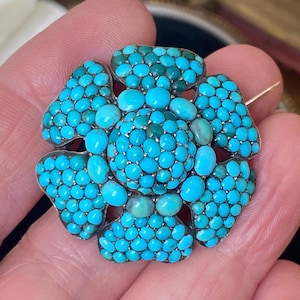 Stunning antique Victorian/Edwardian sterling silver set turquoise pave flower brooch /pin